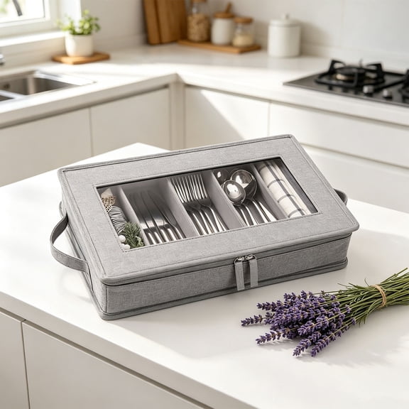 Linen Silverware Storage Case with Clear Window, 5 Compartment Flatware Cutlery Organizer Box, Portable Utensil Storage Bag for Kitchen, Picnic, Travel, Wedding