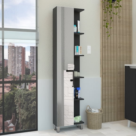Linen Single Door Cabinet 62" H, Five External Shelves, Four Interior Shelves, Black