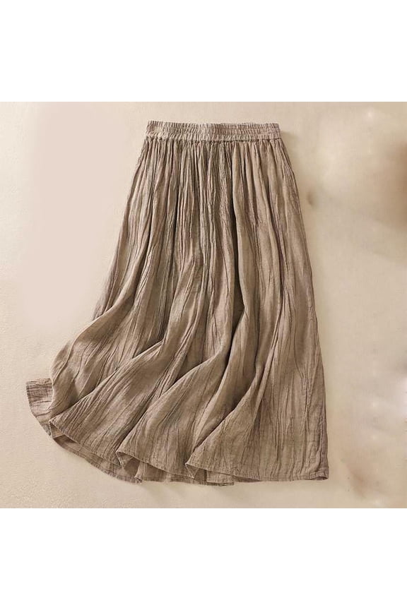 Linen Skirt for Women Elastic High Waist Skirt Ankle Length Skirt Casual Flowy Long Skirts Swing Long Beach Skirt Double Layer Long Maxi Skirt