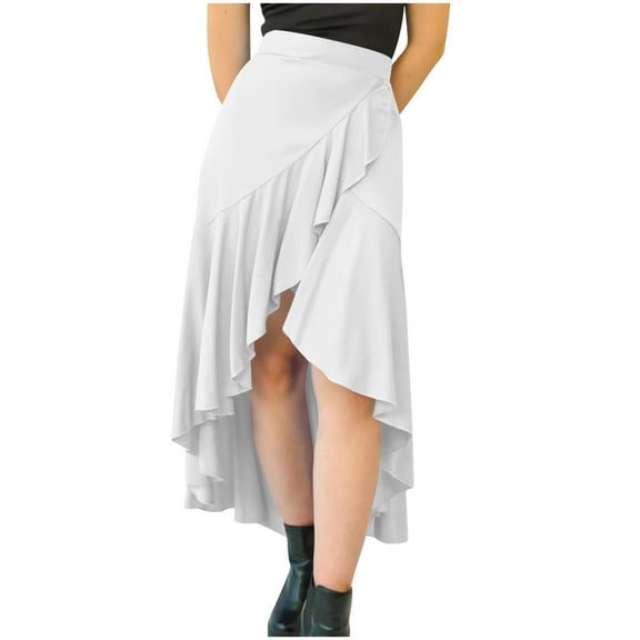 Linen Skirts for Women High Low Skirts for Women, Ruffle Wrap Elastic Waist Asymmetrical Summer Flowy Midi Beach Skirt White XL