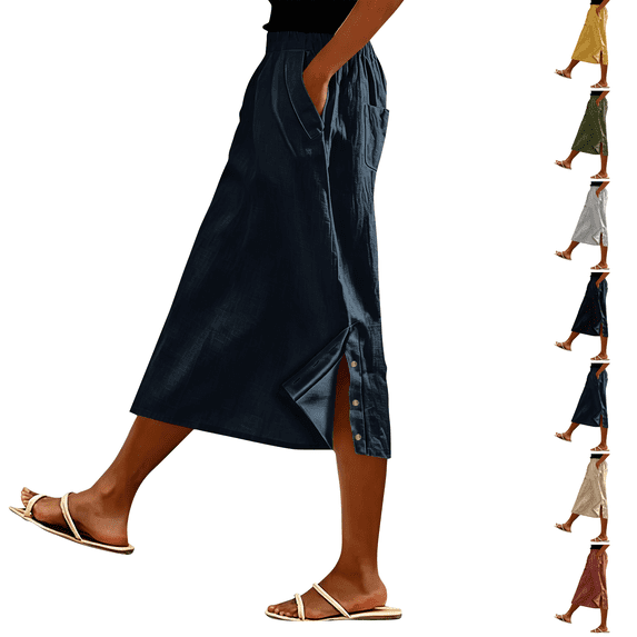 Linen Skirts for Women Midi Length Casual Side Button Linen Midi Skirt High Waisted Long Flowy Skirt Beach Skirts Navy XL