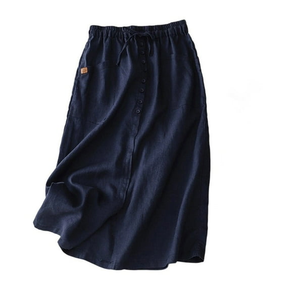 Linen Skirts for Women Summer A Line Flowy Casual Drawstring High Waist Button Down Midi Skirts with Slit