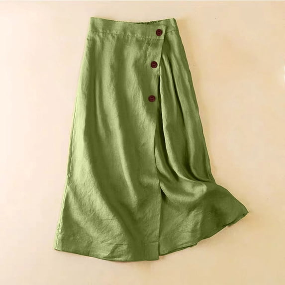 Linen Skirts for Women Summer Casual A Line Midi Skirts Elastic High Waisted Swing Button Front Skirts, M