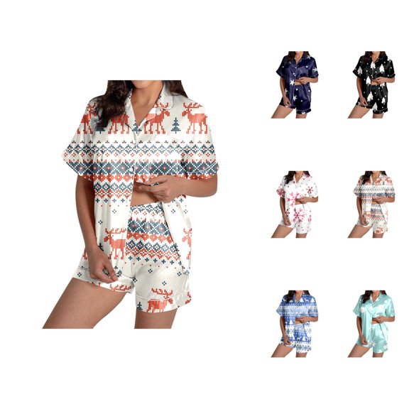 Linen Sleepwear Sets – Womens Pajama Sets & Lounge Sets for Women Ladies' Fashionable Casual Reindeer Snowflake Christmas Tree Christmas Snowman Print Silk Satin Short Sleeved Button Up Pajamas Set