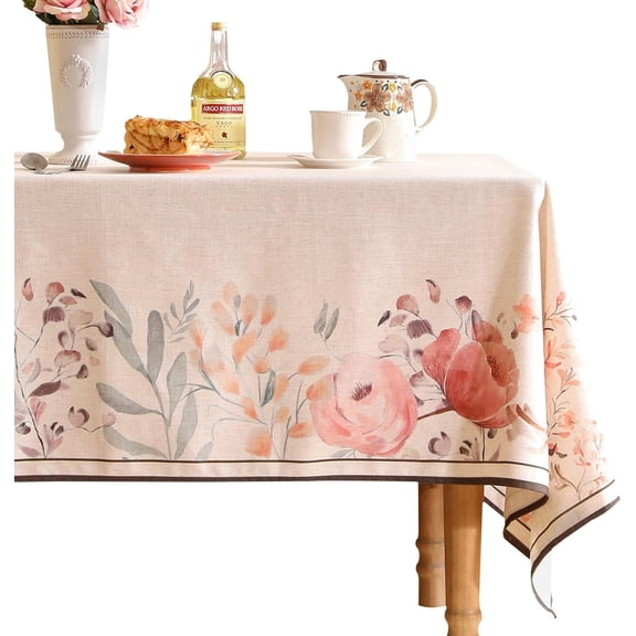 Linen Small Rectangle Tablecloth,French Pink Floral Pattern Wrinkle Free Table Cloth,Decorative Table Cover for Kitchen,Dining,Tea Party,Thanksgiving,Christmas,55"*71"-Sloosa