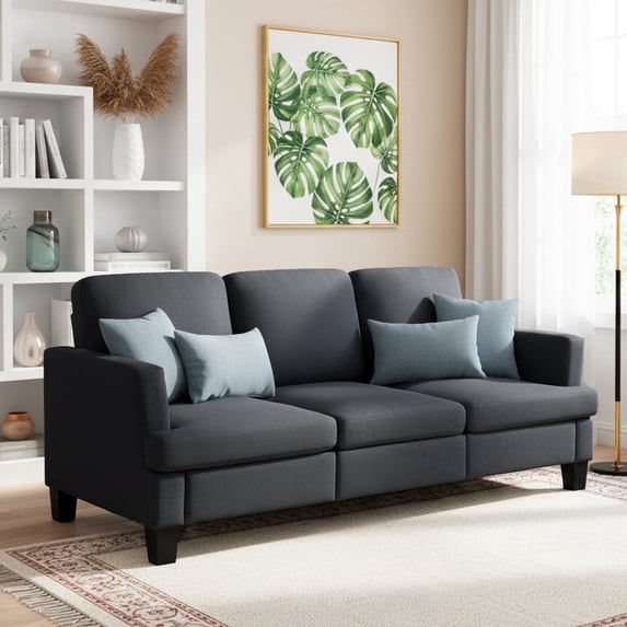 3 Seater Sofa, 84" Linen Upholstered Sofa with Deep Seats, Classic Modern Couch for Living Room, Dark Gray