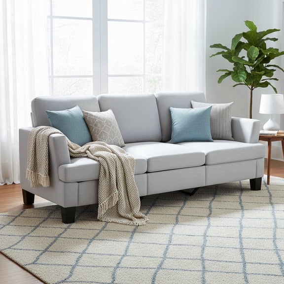 3 Seater Sofa, 84" Linen Upholstered Sofa with Deep Seats, Classic Modern Couch for Living Room, Grey