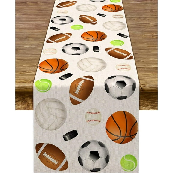 Linen Sports Ball Table Runner All Star Boy Happy Birthday Indoor Outdoor Party Table Cover Decoration Home Kitchen Dining Room 13 X 72inch