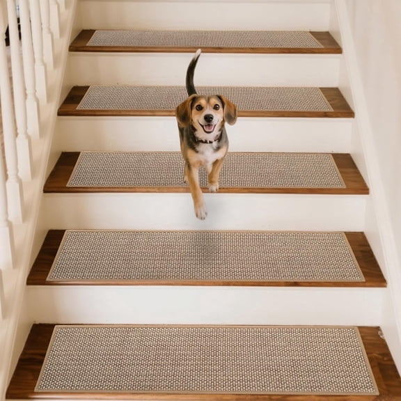 Linen Stair Treads for Wooden Steps Indoor 30x8 inch, 15pcs Upgraded Self Adhesive Backing Non Slip Stair Carpets, Peel and Stick Stair Runner Rugs, Reusable Staircase Step Treads(Beige)