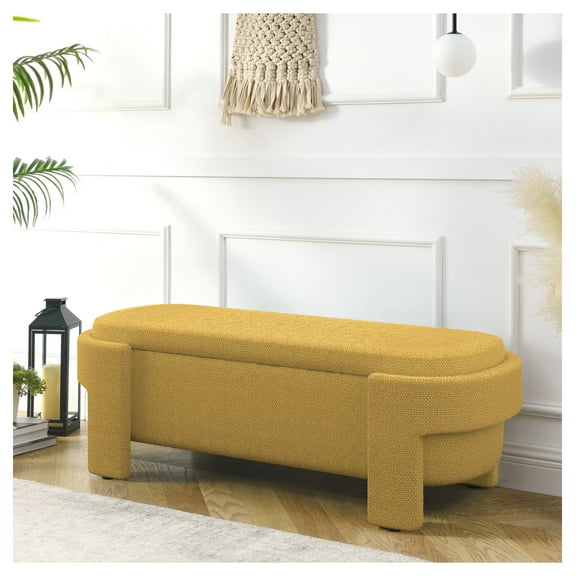Linen Storage Bench, 51.5'' Upholstered Entryway Bench with Storage, Yellow Living Room Bedroom Bench, Mid Century Modern Ottoman Bench