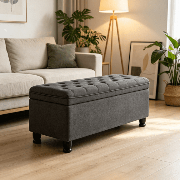 Linen Storage Bench for Bedroom End of Bed, Mid Century Modern Bed Ottoman Bench with Storage, Button Tufted 45" Long Storage Bench for Entryway, Living Room, Window, Dark Grey