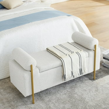 Linen Storage Bench, Upholstered Entryway Bench with Cylindrical Arms and Iron Legs, End of Bed Bench for Bedroom, Porch, Living Room, 250 LBS Weight Capacity, White