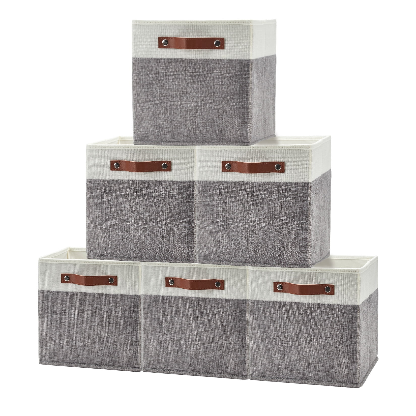 linen-storage-bins-6-pack-foldable-open-bins-with-leather-handles