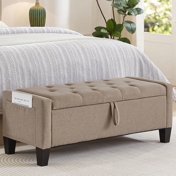 Linen Storage Ottoman Bench for Bedroom, 45" Long Bed End Ottoman Benches with Storage, Button Tufted Bench with Storage and Seating for Living Room, Entryway, Window, Linen Coffee Brown