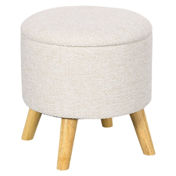 Linen Storage Ottoman Round, Wood Legs Footrest Stool, Cream White Hidden Space for Living Room Bedroom