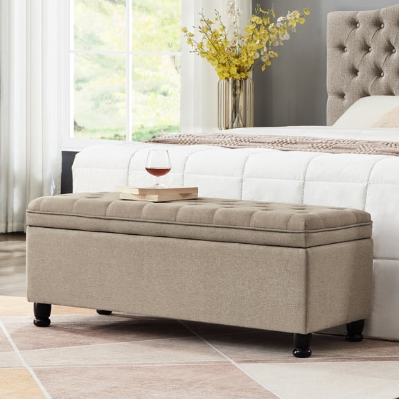 Linen Storage Seat With Wooden Legs - 18” 45x18x18 Inches Stylish And Practical Furniture Button Bed Bench Solid Wood Finish 45”x18”x18” Elegant