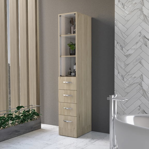 Linen Storage with Shelves | Three Shelves & Four Drawers for Home | Sturdy MDF Construction with Steel Hinges | Keeps Items Dry & Arranged