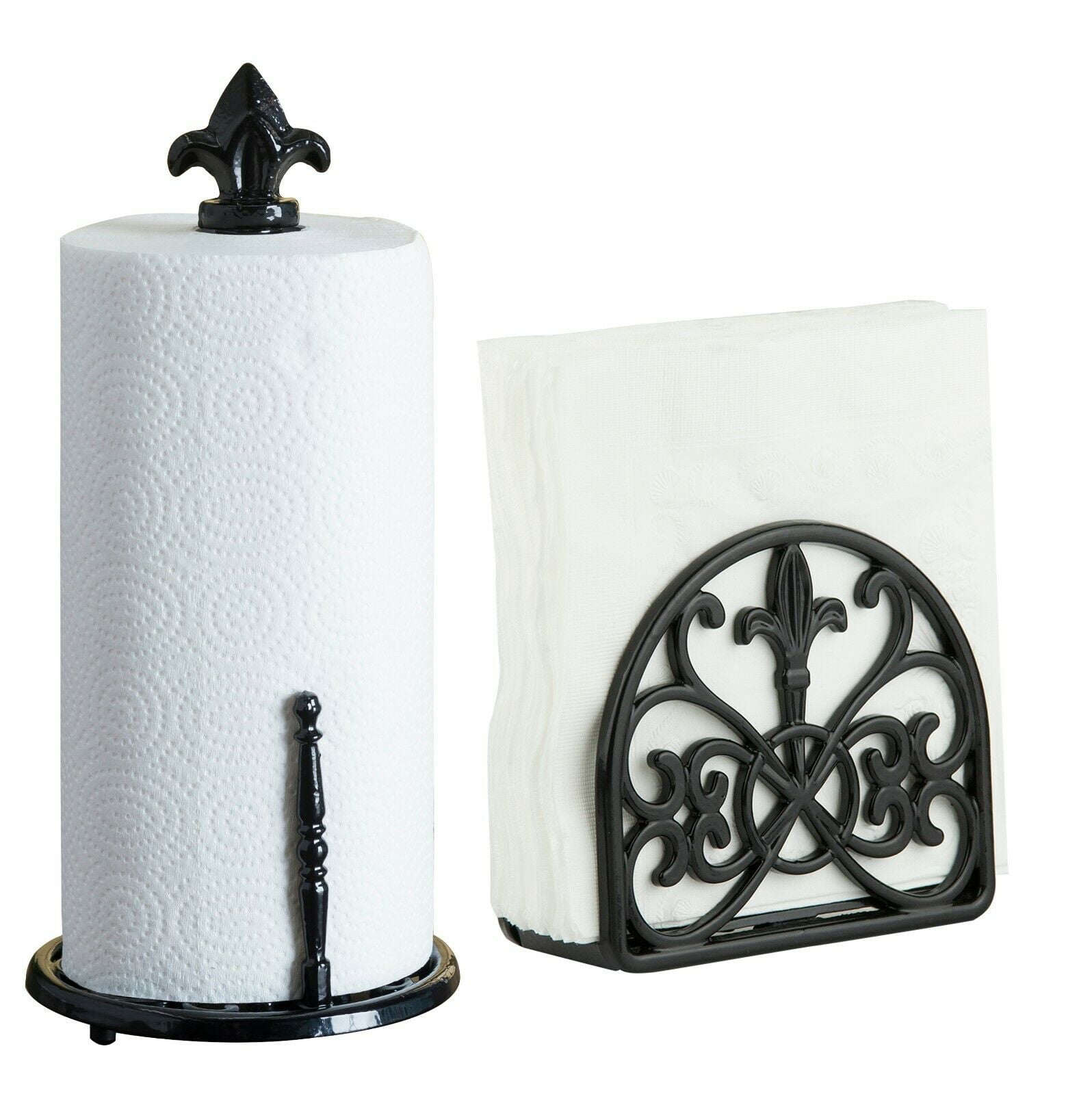 Linen Store Cast Iron 2 Piece Set Paper Towel Holder & Napkin Holder Fleur  De Lis Black