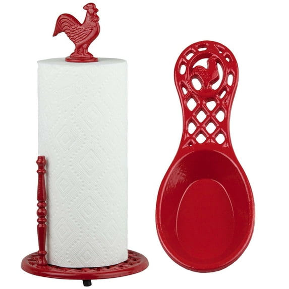 Linen Store Cast Iron 2 Piece Set Paper Towel Holder & Spoon Rest Rooster Red