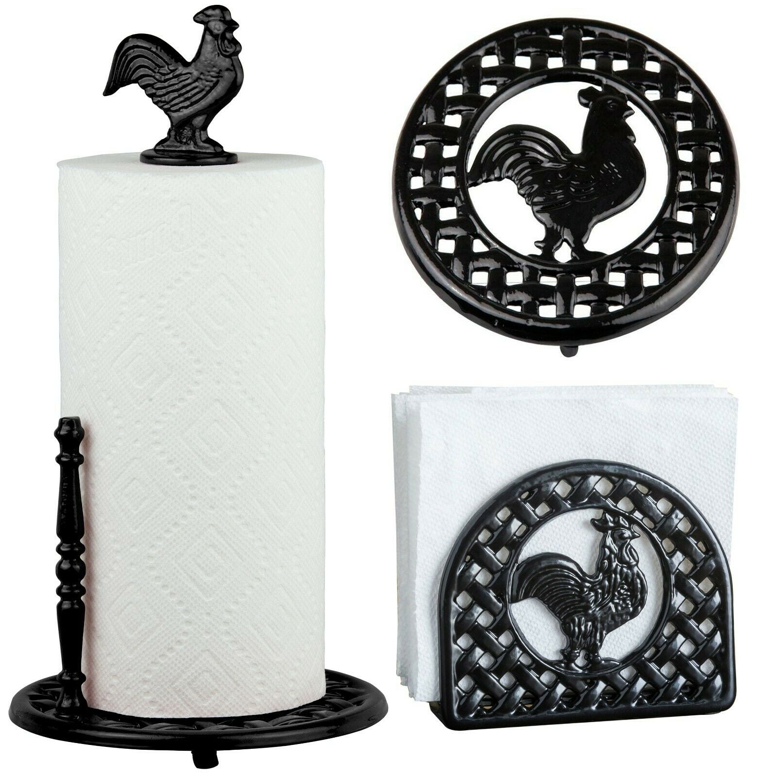 Linen Store Cast Iron Rooster 3 Piece Set Paper Towel & Napkin Holder
