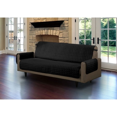 Linen Store Furniture Protector, Quilted Microfiber Machine Washable Cover with Tucks & Elastic Strap Perfect for Kids, Dogs, Pets (Black, Sofa)