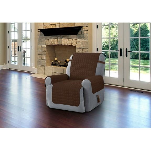 Linen Store Furniture Protector, Quilted Microfiber Machine Washable Cover with Tucks & Elastic Strap Perfect for Kids, Dogs, Pets (Brown, Recliner)