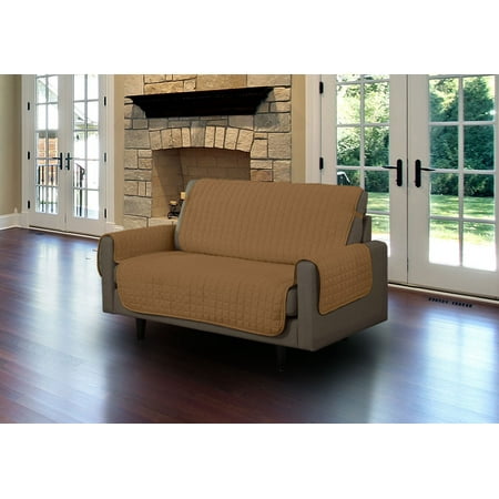 Linen Store Furniture Protector, Quilted Microfiber Machine Washable Cover with Tucks & Elastic Strap Perfect for Kids, Dogs, Pets (Camel, Loveseat)