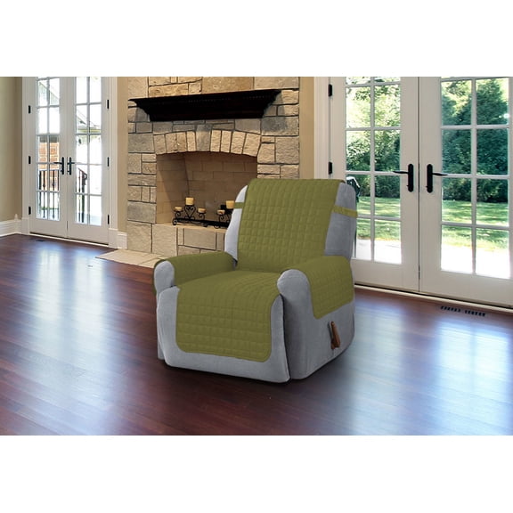 Linen Store Furniture Protector, Quilted Microfiber Machine Washable Cover with Tucks & Elastic Strap Perfect for Kids, Dogs, Pets (Sage, Recliner)