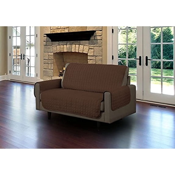 Linen Store Furniture Protector, Quilted Microsuede Machine Washable Sofa Slipcover with Tucks Perfect for Kids, Dogs, Pets (Brown, Loveseat)