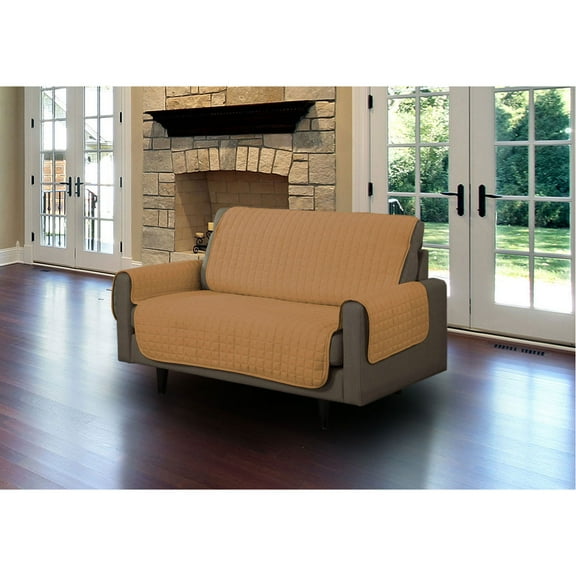 Linen Store Furniture Protector, Quilted Microsuede Machine Washable Sofa Slipcover with Tucks Perfect for Kids, Dogs, Pets (Camel, Loveseat)