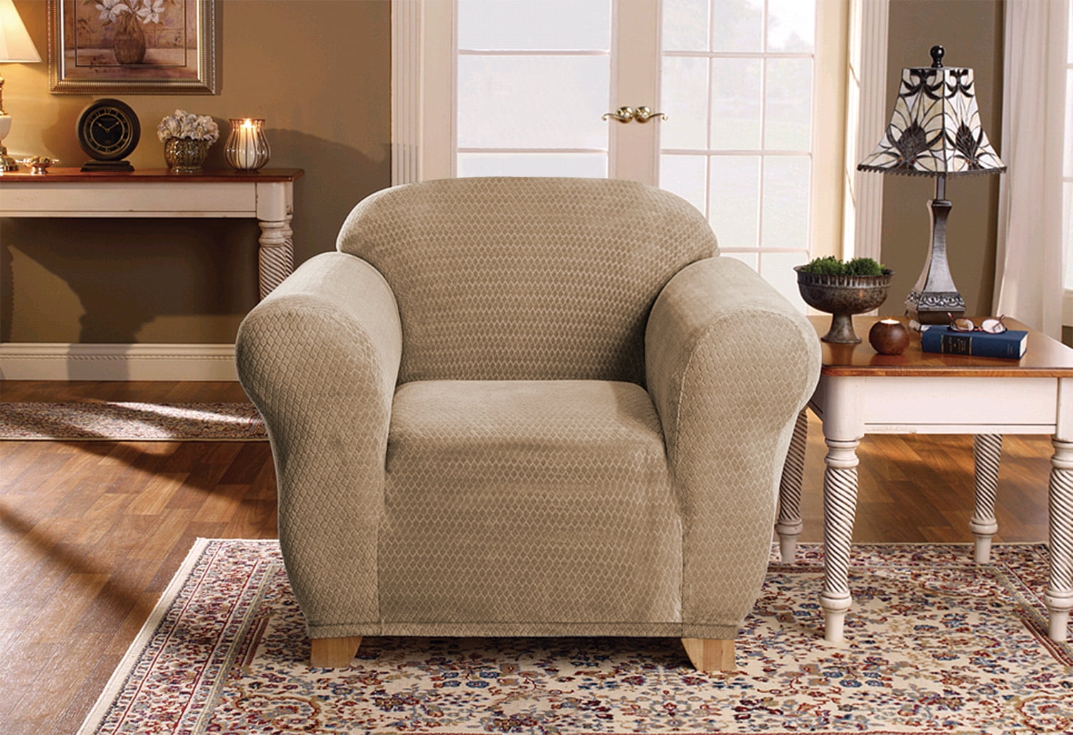 Linen Store Sicily Furniture Slipcover 1 Piece Form Fit Soft Stretch Fabric Diamond Knitted Jacquard Couch Cover Sand Chair