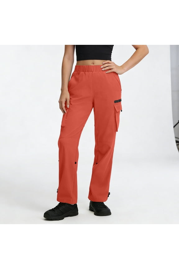 Linen Straight Leg Elastic Waist Cargo Pants for Women Stretchy Quick-Dry Trousers Utility Pockets Adjustable Hem Bottoms Hiking Work-wear