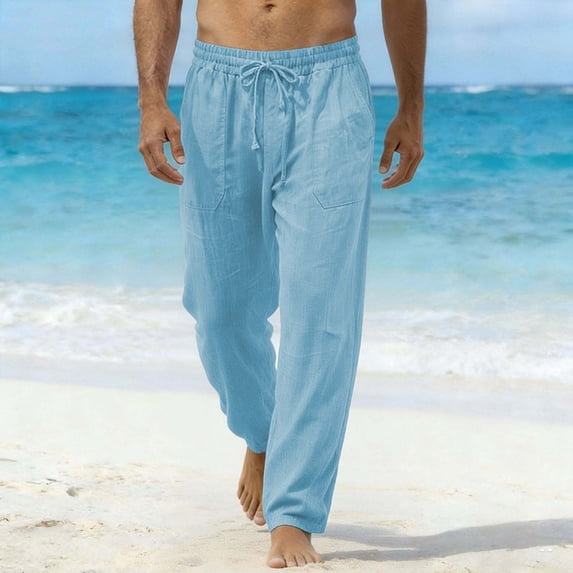 Linen Straight Leg Pants for Men Elastic Drawstring Trousers Breathable Loose Fit Lounge Bottoms Front Pockets Casual Summer Beach Vacation Outfits
