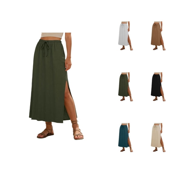 Linen Straight Maxi Skirt for Women Elastic High Waisted Drawstring Side Slit Casual Long Flowy Skirt with Pockets
