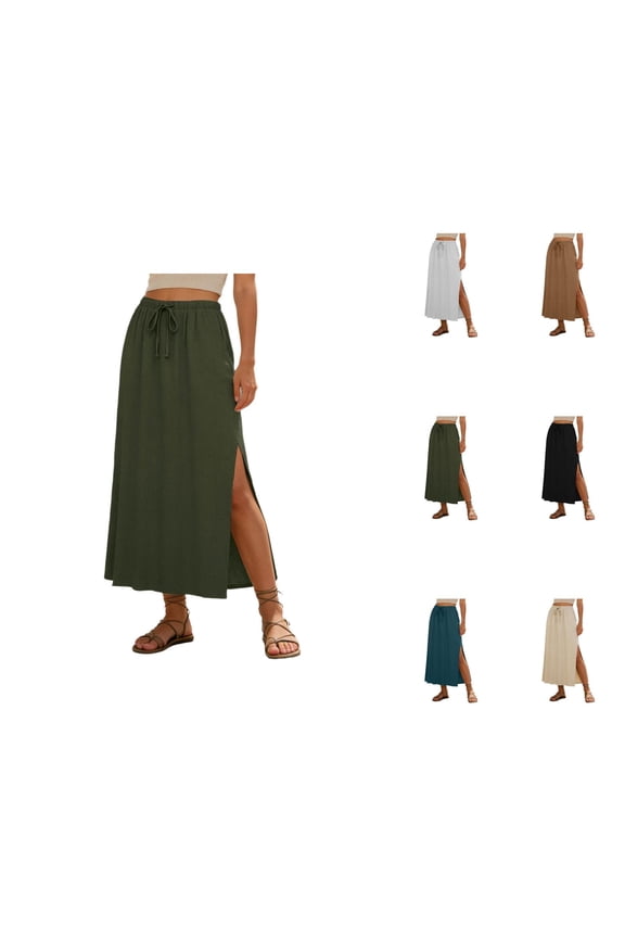 Linen Straight Maxi Skirt for Women Elastic High Waisted Drawstring Side Slit Casual Long Flowy Skirt with Pockets