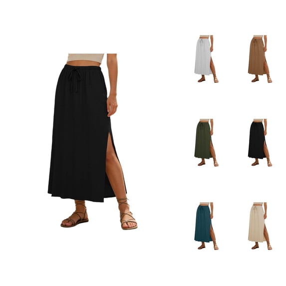 Linen Straight Maxi Skirt for Women Elastic High Waisted Drawstring Side Slit Casual Long Flowy Skirt with Pockets