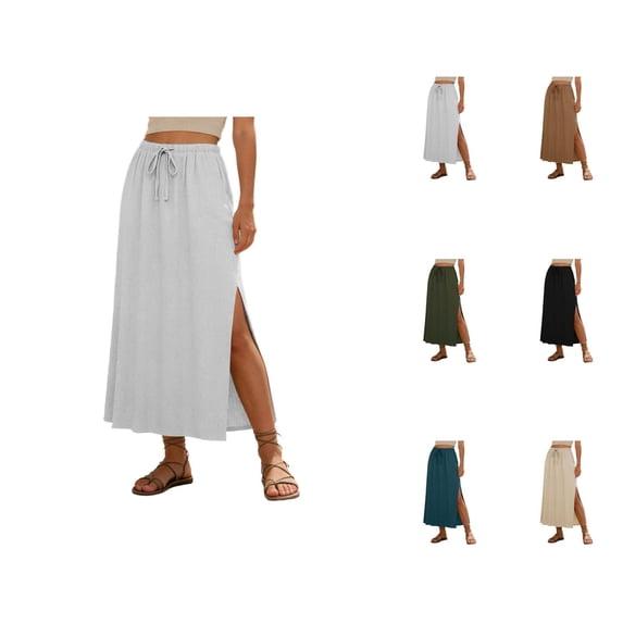 Linen Straight Maxi Skirt for Women Elastic High Waisted Drawstring Side Slit Casual Long Flowy Skirt with Pockets
