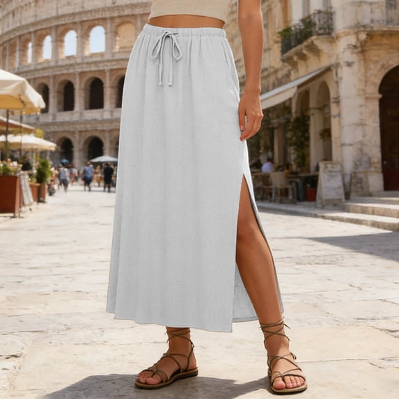 Linen Straight Maxi Skirt with Side Slit - Elastic Waist Drawstring Long Flowy Ankle-Length Skirt with Pockets