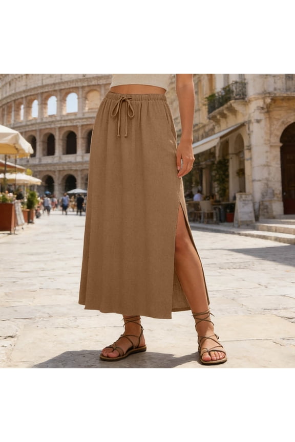 Linen Straight Maxi Skirt with Side Slit - Elastic Waist Drawstring Long Flowy Ankle-Length Skirt with Pockets