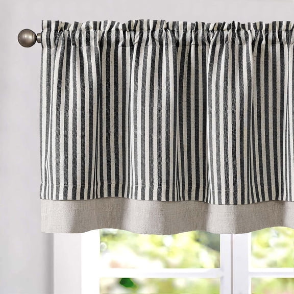 Linen Stripe Curtain Double Layer Valance for Windows 18 Inch Blackout for Kitchen Living Room Bathroom Rustic Cottage Farmhouse Window Treatment Rod Pocket Design 1 Panel Black on Linen