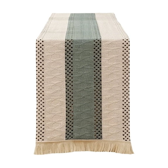 Linen Striped Table Runner with Fringe, Boho Rope Patchwork Dining Table Decor, Rustic Runner for TV Cabinet Coffee Table Sideboard