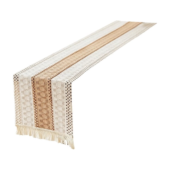 Linen Striped Table Runner with Fringe, Boho Rope Patchwork Dining Table Decor, Rustic Runner for TV Cabinet Coffee Table Sideboard