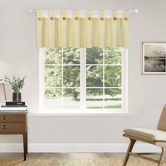 Linen Striped Tier Curtains with Solid Button Small Valance 54"x15" Rod Pocket Tailored One Panel Kitchen Curtain Cafe Curtain for Living Room, Bathroom, Kitchen Beige
