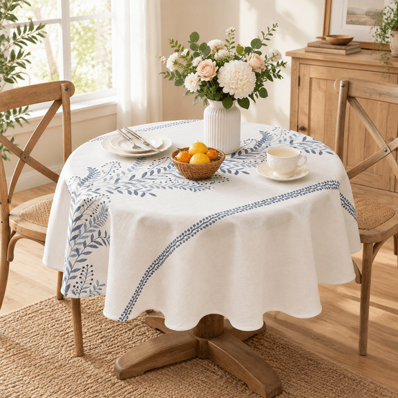 Linen Style Embroidered Table Cloth 55"x55" Round Blue