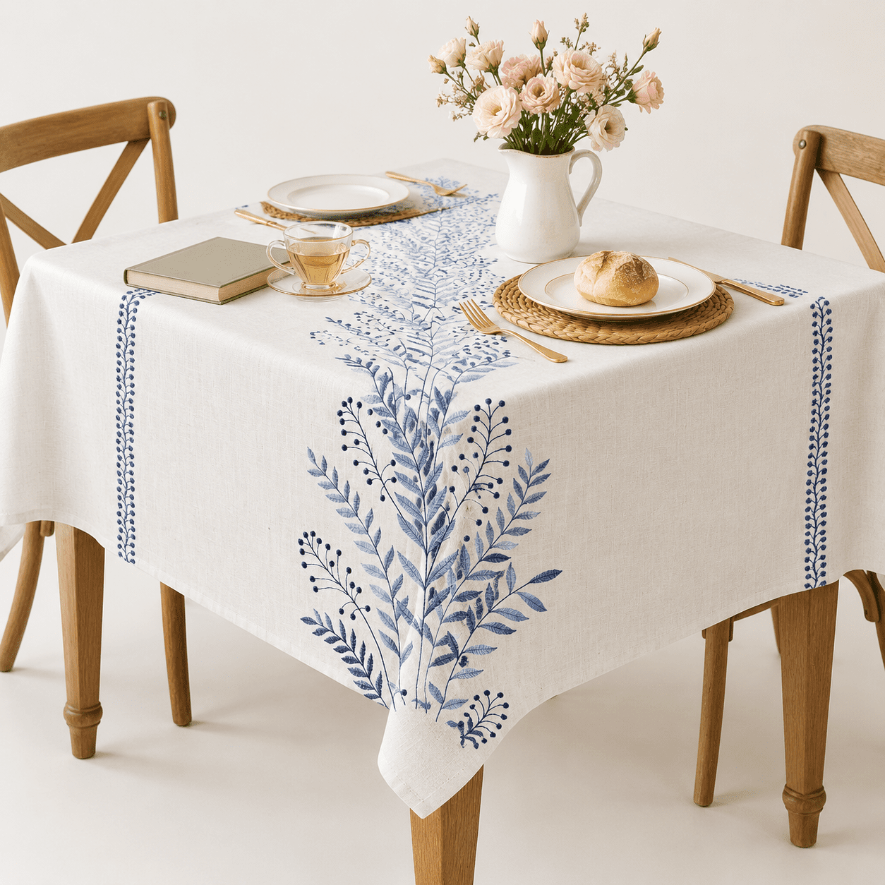 Linen Style Embroidered Table Cloth 55
