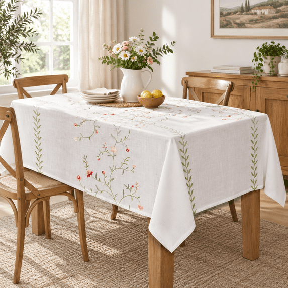 Green Tablecloth Pattern Linen Style Embroidered Tablecloth 55