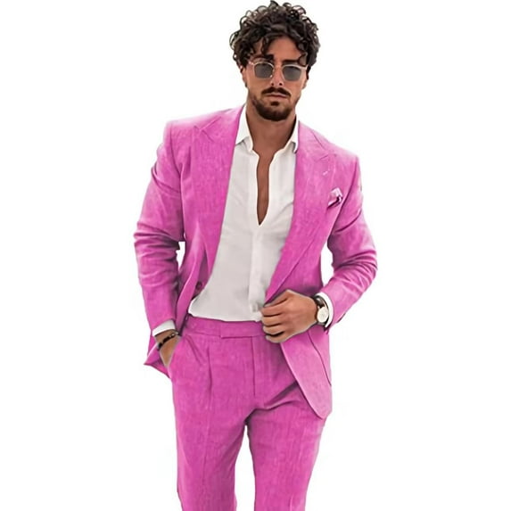 Linen Suit for Men Casual Slim Fit Vintage Suits Groomsmen Suits Wedding Summer Beach Blazer Pants Set Dark Pink XL