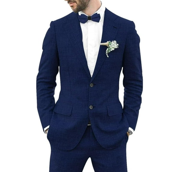Linen Suit for Men Casual Slim Fit Vintage Suits Groomsmen Suits Wedding Summer Beach Blazer Pants Set Navy Blue XL