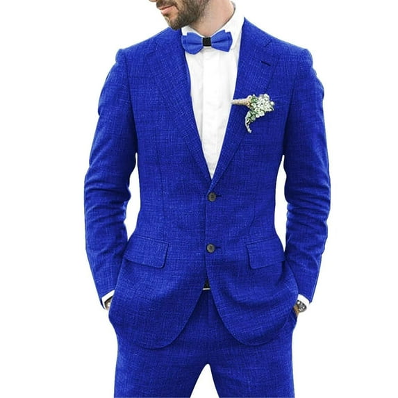 Linen Suit for Men Casual Slim Fit Vintage Suits Groomsmen Suits Wedding Summer Beach Blazer Pants Set Royal Blue XL
