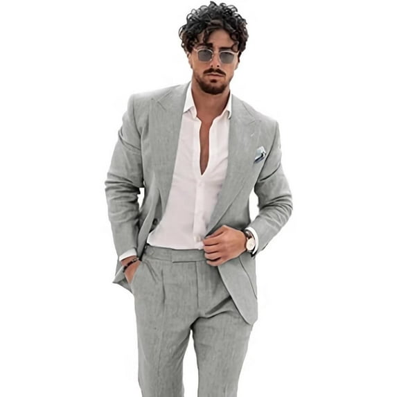 Linen Suit for Men Casual Slim Fit Vintage Suits Groomsmen Suits Wedding Summer Beach Blazer Pants Set Sliver Grey XL